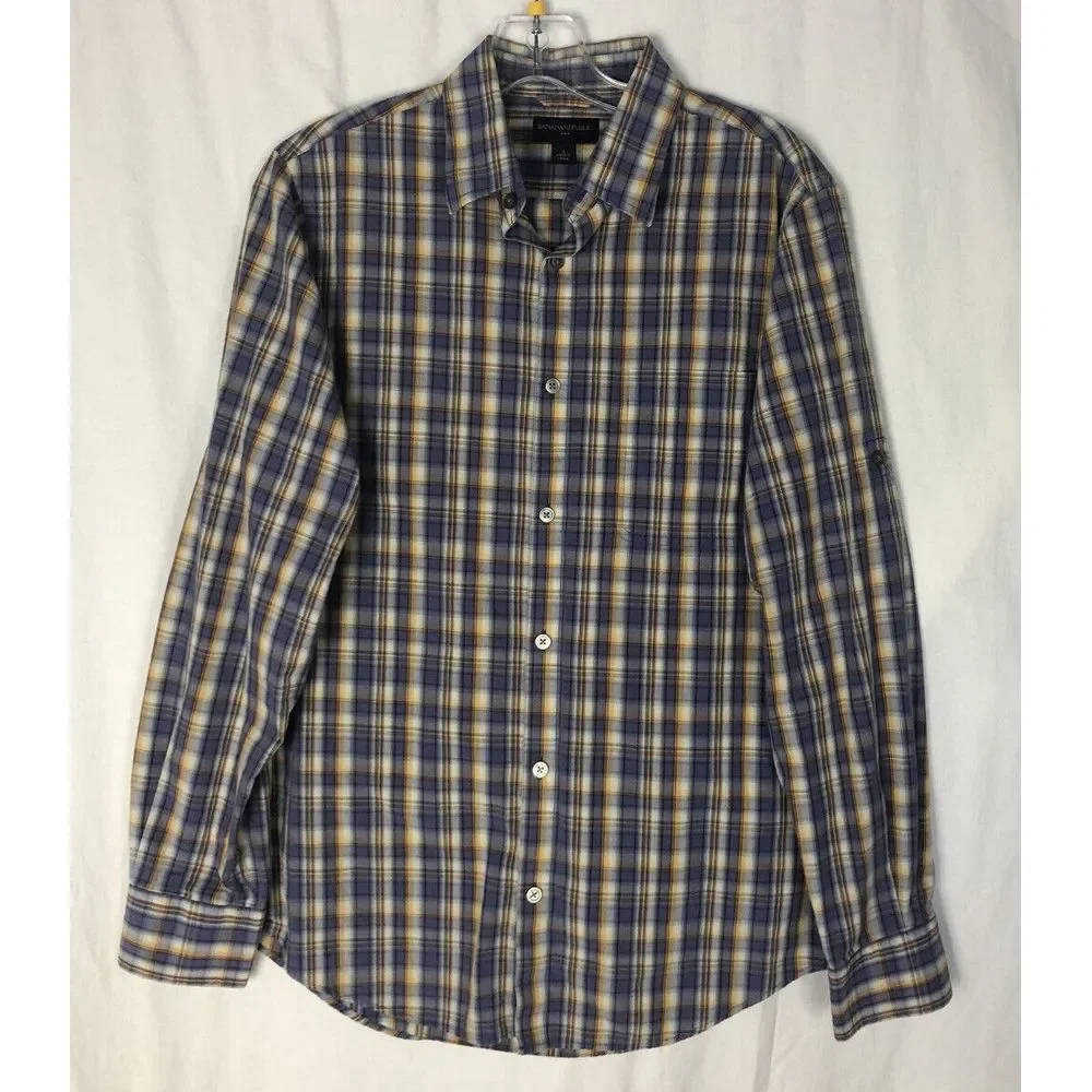 Banana Republic Shirt Mens S Blue Yellow‎ Plaid Button Front Roll Tab Sleeve